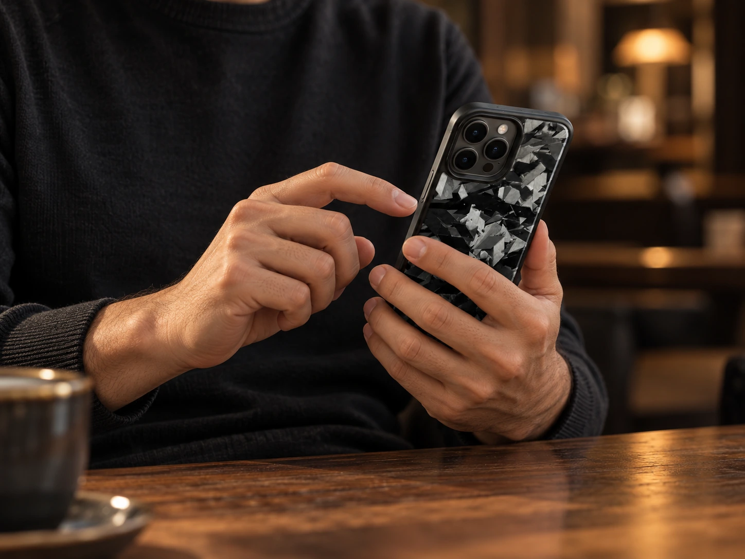 木のテーブルで、ダイヤモンドカーボンケースを装着したスマートフォンを日常使いする手元