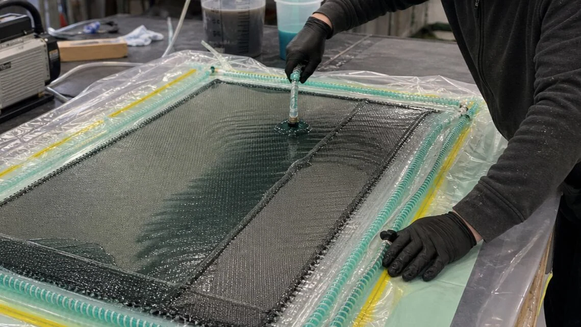 カーボンシートへ樹脂を塗る作業